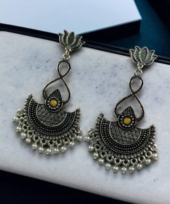 silver plated chandbali, lotus earrings, pearl dangler jewelry, traditional earrings, ethnic jewelry, festive wear, wedding earrings, stone earrings, Indian jewelry, statement earrings