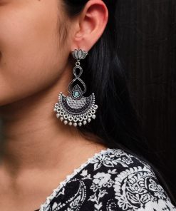 silver plated chandbali, lotus earrings, pearl dangler jewelry, traditional earrings, ethnic jewelry, festive wear, wedding earrings, stone earrings, Indian jewelry, statement earrings