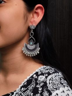 silver plated chandbali, lotus earrings, pearl dangler jewelry, traditional earrings, ethnic jewelry, festive wear, wedding earrings, stone earrings, Indian jewelry, statement earrings