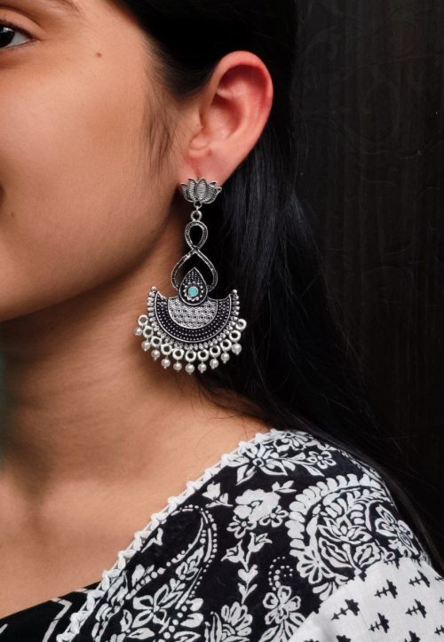 silver plated chandbali, lotus earrings, pearl dangler jewelry, traditional earrings, ethnic jewelry, festive wear, wedding earrings, stone earrings, Indian jewelry, statement earrings