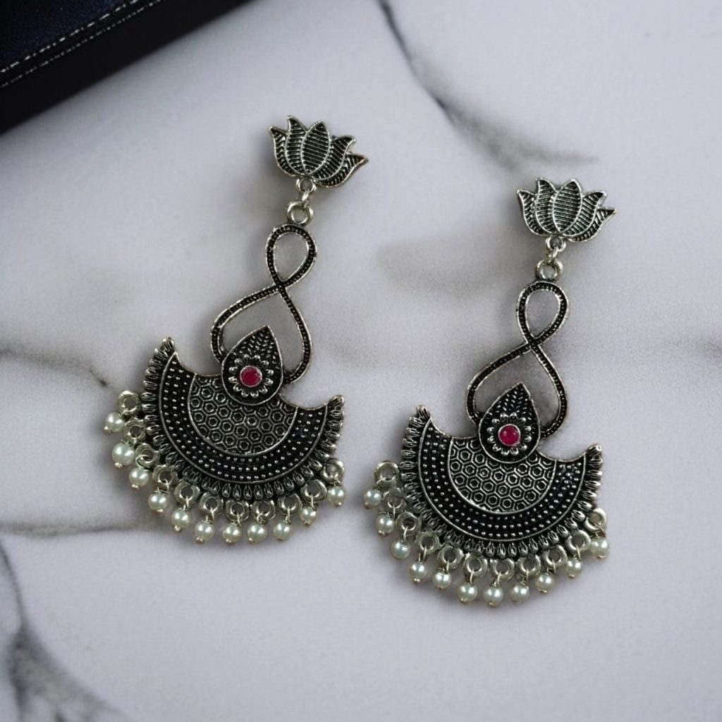 Bulk 1044 Silver Plated Lotus Chandbali Earrings | Pearl & Stone Unique Dangler Jewelry - "Red"
