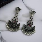 Silver Plated Lotus Chandbali Earrings | Pearl & Stone Unique Dangler Jewelry - "Red"
