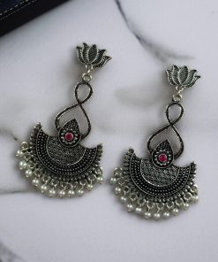 silver plated chandbali, lotus earrings, pearl dangler jewelry, traditional earrings, ethnic jewelry, festive wear, wedding earrings, stone earrings, Indian jewelry, statement earrings