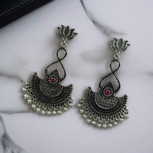 silver plated chandbali, lotus earrings, pearl dangler jewelry, traditional earrings, ethnic jewelry, festive wear, wedding earrings, stone earrings, Indian jewelry, statement earrings