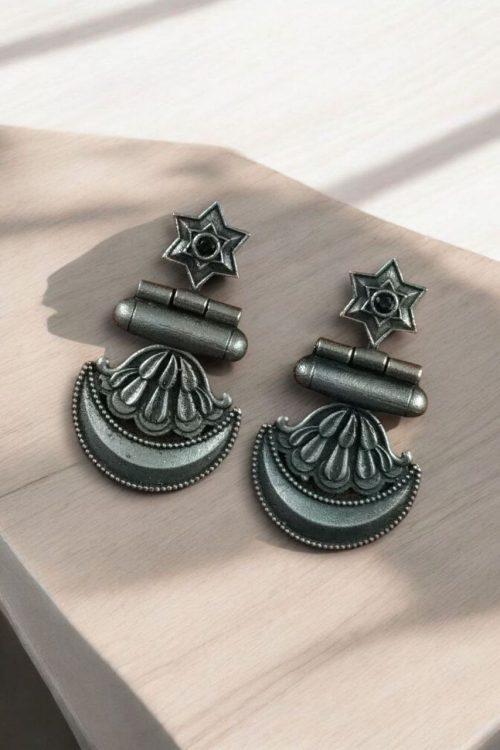 Traditional oxidised moon dangler earrings with stone