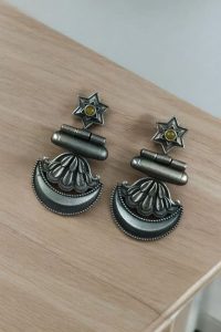 Best Traditional Moon Dangler Earrings | Oxidised Stone Lightweight Jewelry - color: "Yellow"