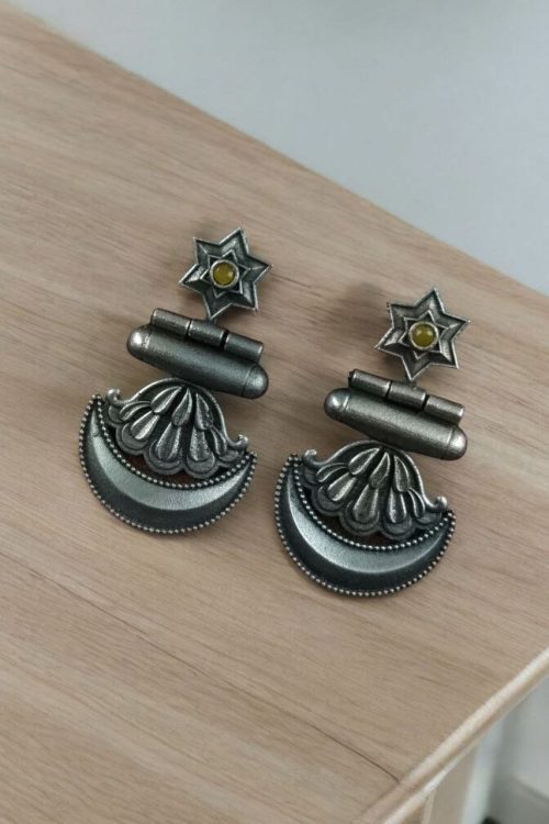 Traditional oxidised moon dangler earrings with stone