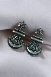 Best Traditional Moon Dangler Earrings | Oxidised Stone Lightweight Jewelry - color: "Green"