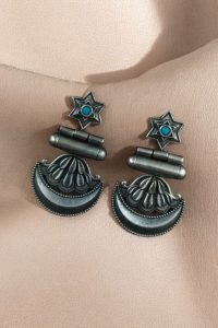 Best Traditional Moon Dangler Earrings | Oxidised Stone Lightweight Jewelry - color: "Aqua"