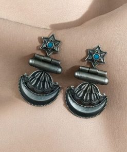 Traditional oxidised moon dangler earrings with stone