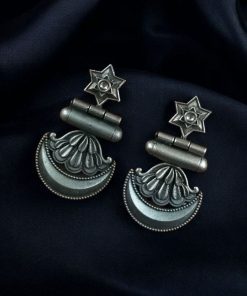 Traditional oxidised moon dangler earrings with stone