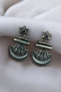 Best Traditional Moon Dangler Earrings | Oxidised Stone Lightweight Jewelry - color: "Blue"