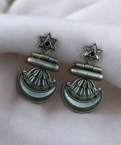 Traditional oxidised moon dangler earrings with stone