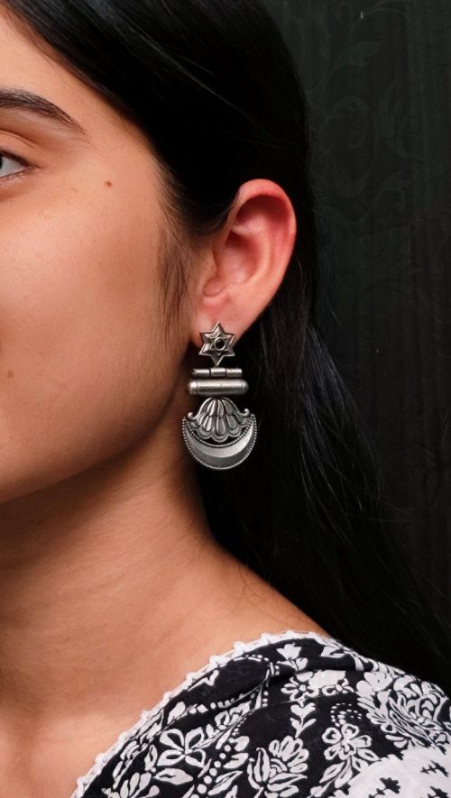 Traditional oxidised moon dangler earrings with stone