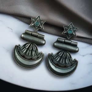 Best Traditional Moon Dangler Earrings | Oxidised Stone Lightweight Jewelry - color: "Mint"