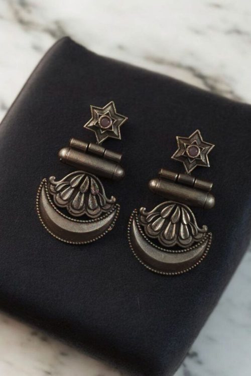 Traditional oxidised moon dangler earrings with stone