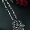 Oxidized silver long necklace with pearl and stone accents
