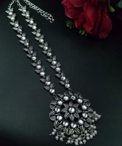Oxidized silver long necklace with pearl and stone accents