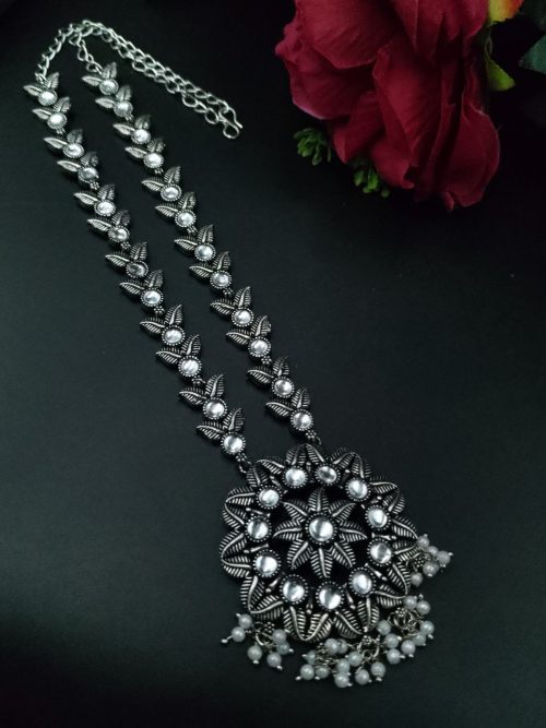 Oxidized silver long necklace with pearl and stone accents
