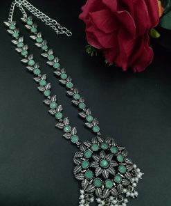 Oxidized silver long necklace with pearl and stone accents