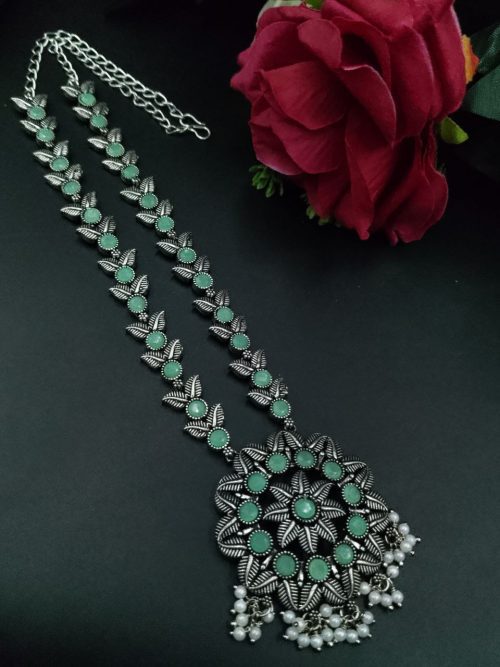 Oxidized silver long necklace with pearl and stone accents