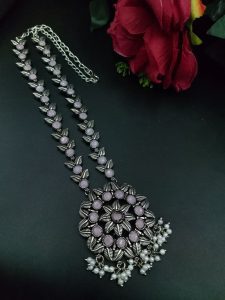 Best Oxidized Silver Long Necklace with Pearl and Stone Accents – Ethnic Jewelry - color: "Baby Pink"