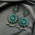 Best Oxidized Silver Plated Flower Dangler Earrings with Stone & Pearl Detailing - "Mint"