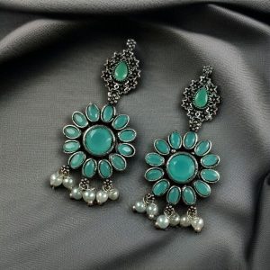 Best Oxidized Silver Plated Flower Dangler Earrings with Stone & Pearl Detailing - color: "Mint"