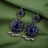 oxidized silver plated flower dangler earrings with stone and pearl detailing