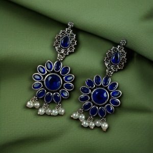 Best Oxidized Silver Plated Flower Dangler Earrings with Stone & Pearl Detailing - color: "Blue"