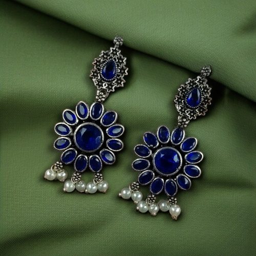 oxidized silver plated flower dangler earrings with stone and pearl detailing