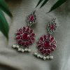 oxidized silver plated flower dangler earrings with stone and pearl detailing