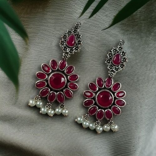oxidized silver plated flower dangler earrings with stone and pearl detailing