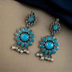 Best Oxidized Silver Plated Flower Dangler Earrings with Stone & Pearl Detailing - color: "Aqua"