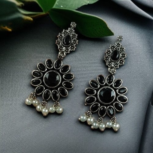 oxidized silver plated flower dangler earrings with stone and pearl detailing