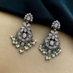 traditional silver dangler earrings with stone and pearl detailing