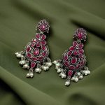 Traditional Perfect Look Silver Dangler Earrings – Elegant Stone & Pearl Detailing - "Pink"