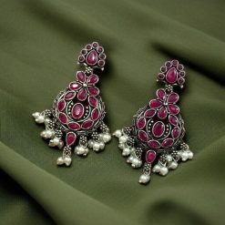 traditional silver dangler earrings with stone and pearl detailing