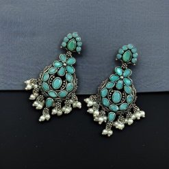 traditional silver dangler earrings with stone and pearl detailing