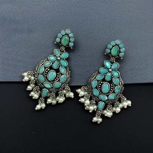 traditional silver dangler earrings with stone and pearl detailing