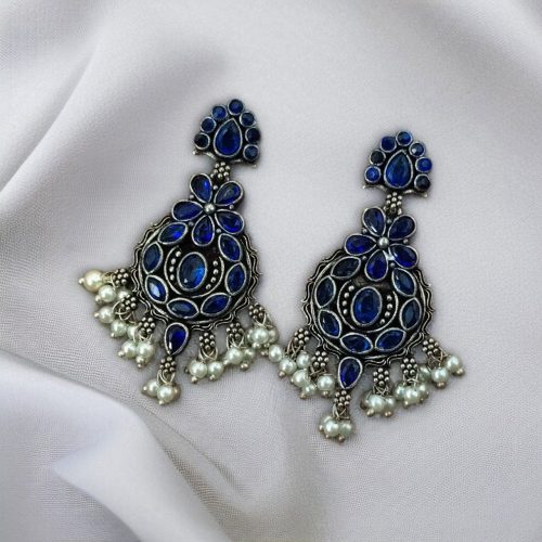 traditional silver dangler earrings with stone and pearl detailing