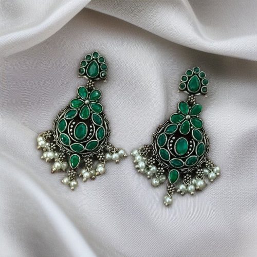 Traditional Perfect Look Silver Dangler Earrings – Elegant Stone & Pearl Detailing