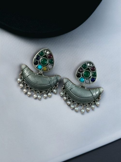 Adorable Look Silver Replica Oxidised Chandbali Earrings with Stone & Pearl Detailing - Image 10