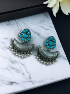 Adorable Look Silver Replica Oxidised Chandbali Earrings with Stone & Pearl Detailing - color: "Aqua"