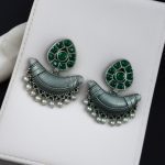 Adorable Look Silver Replica Oxidised Chandbali Earrings with Stone & Pearl Detailing - "Green"