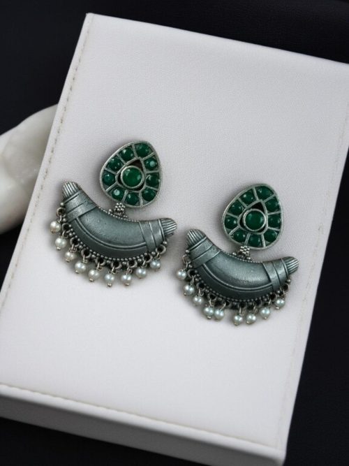 Vintage oxidised silver chandbali earrings with stone and pearl detailing
