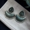 Vintage oxidised silver chandbali earrings with stone and pearl detailing