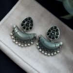 Adorable Look Silver Replica Oxidised Chandbali Earrings with Stone & Pearl Detailing - "Black"