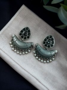 Adorable Look Silver Replica Oxidised Chandbali Earrings with Stone & Pearl Detailing - color: "Black"