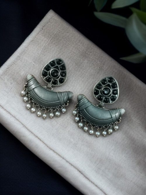 Vintage oxidised silver chandbali earrings with stone and pearl detailing